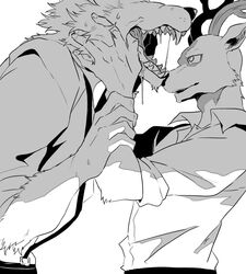  anthro antlers beastars bodily_fluids canid canine canis cervine clothed clothing deer drooling duo fully_clothed fur grabbing_arm holding_face horn legoshi_(beastars) louis_(beastars) male male/male mammal monochrome open_mouth red_deer saliva school_uniform sei uniform wolf 