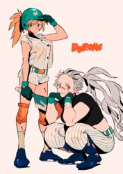  2girls absurdres bandaid bandaid_on_face bandaid_on_nose bare_arms baseball_helmet baseball_uniform belt black_shirt blonde_hair blood blood_on_face blood_on_leg blood_on_shoes blue_footwear cleats cleaver dorohedoro ear_piercing english_text full_body gloves green_eyes green_gloves grey_hair helmet highres knee_pads kneeling long_hair looking_at_viewer matumot midriff multiple_girls nikaidou_(dorohedoro) noi_(dorohedoro) pants piercing pink_background ponytail red_eyes shirt short_shorts shorts simple_background socks sportswear standing striped_clothes striped_pants striped_shirt striped_shorts striped_socks vertical-striped_clothes vertical-striped_socks wrist_wrap wristband 