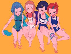  4girls absurdres bare_arms bare_legs bare_shoulders bikini black_hair blue_eyes blue_hair blue_jacket blue_one-piece_swimsuit blush_stickers buruma cleavage_cutout closed_eyes clothing_cutout collarbone commentary_request from_above hair_bun hair_ornament hairclip highres jacket long_hair matumot multiple_girls navel one-piece_swimsuit one_eye_closed orange_background orange_hair original pentagram red_hair ripples shared_clothes short_hair sidelocks simple_background single_hair_bun sitting stomach_cutout swimsuit tankini thigh_strap x_hair_ornament 