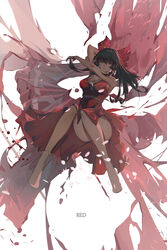  absurdres arm_behind_head arm_up bare_legs bare_shoulders bow breasts brown_hair cherry_blossoms cleavage dress expressionless female full_body hair_ornament hairbow hakurei_reimu highres knees_together_feet_apart long_dress medium_breasts nayuko_(wuyou_nayuko) sidelocks simple_background solo thighs touhou white_background yellow_eyes 