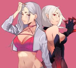  2girls absurdres arm_up back black_dress breasts character_request cleavage collarbone crop_top demon_girl dress from_side grey_hair hand_in_own_hair highres jacket long_hair looking_at_viewer lost_ark medium_breasts medium_hair multiple_girls navel open_clothes open_jacket open_mouth parted_lips pink_background pink_tank_top pointy_ears red_eyes sideboob talnory tank_top upper_body white_hair white_jacket 