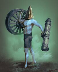  1boy arm_up armor barefoot bloodborne cannon commentary_request full_body gold green_background hat helmet holding logarius_wheel male_focus male_underwear miso_katsu muscular muscular_male navel shorts solo standing topless_male twitter_username underwear wheel wheel_hunter_(bloodborne) 