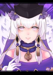  bare_shoulders black_hat closed_mouth collar commentary_request facing_viewer female fire_emblem fire_emblem:_three_houses gloves hair_ornament hat highres light_smile long_hair lysithea_von_ordelia lysithea_von_ordelia_(a_new_future) official_alternate_costume pink_eyes purple_collar solo tyotto_ko_i upper_body white_gloves white_hair 