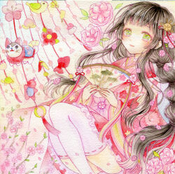  amu_(m_aa) black_hair closed_mouth commentary_request feet_out_of_frame female flower folding_fan frilled_kimono frills green_eyes hair_flower hair_ornament hand_fan highres holding holding_fan japanese_clothes kimono layered_kimono long_hair long_sleeves multi-tied_hair original painting_(medium) panties pantyshot pink_flower pink_kimono pink_panties ribbon-trimmed_thighhighs ribbon_trim sidelocks sitting smile solo thighhighs traditional_media underwear very_long_hair watercolor_(medium) white_thighhighs wide_sleeves 