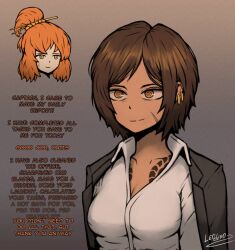  2girls artist_name breasts brown_hair chest_tattoo cleavage closed_mouth collarbone collared_shirt commentary dark-skinned_female dark_skin earrings english_commentary english_text grey_background hair_ornament hair_stick highres irezumi ishmael_(project_moon) jacket jacket_on_shoulders jewelry kurokumo_clan_(identity)_(project_moon) leoderorero limbus_company long_sleeves medium_breasts multiple_girls orange_hair outis_(project_moon) project_moon ringed_eyes scar scar_on_cheek scar_on_face shirt short_hair simple_background smile tattoo white_shirt yellow_eyes 