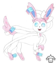  2025 3_toes ambiguous_gender artist_logo artist_name black_nose blue_body blue_eyes blue_fur blue_inner_ear blue_ribbon blue_sclera bow_(anatomy) colored colored_pencil_(artwork) cute_fangs dated digitigrade eeveelution epsilonomicron fangs feet feral fur generation_6_pokemon graphite_(artwork) hindpaw leg_markings logo looking_at_viewer markings mixed_media multicolored_body multicolored_fur nintendo open_mouth open_smile paws pink_body pink_bow pink_ears pink_fur pink_paws pink_ribbon pink_tail pokemon pokemon_(species) pupils quadruped raised_foot raised_paw ribbons_(anatomy) side_view simple_background smile socks_(marking) solo standing sylveon tail teeth text toes tongue traditional_media_(artwork) white_background white_body white_bow white_fur white_pupils white_ribbon 