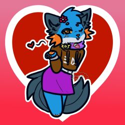  ambiguous_gender anthro badge blowing_kiss blue_body blue_fur blush blush_lines bottomwear brown_clothing brown_pupils brown_topwear canid canine canis chibi clothed clothing crop_top_hoodie fin flower_on_head fur generation_3_pokemon gradient_background handpaw head_tuft heart_background heart_symbol hi_res holidays hybrid looking_at_viewer mammal nintendo one_eye_closed orange_eyes orange_gills orange_pawpads pawpads paws persim_scarf pokemon pokemon_(species) pokemon_mystery_dungeon pose pupils purple_bottomwear purple_clothing purple_skirt scarf simple_background skirt solo spike_chunsoft splatoon stormiehills swampert tail tail_fin topwear tuft valentine&#039;s_day wink winking_at_viewer wolf x_belly_button xevy 