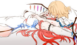  2girls alternate_costume blonde_hair braid breasts china_dress chinese_clothes dress elbow_gloves flandre_scarlet frills garter_straps gloves grabbing_another&#039;s_breast groping highres hong_meiling large_breasts licking licking_another&#039;s_neck long_hair lying medium_hair multiple_girls on_back red_hair red_nails touhou twin_braids white_dress xiuchundao yuri 