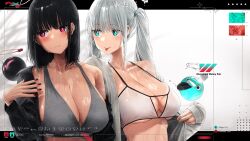  2girls :p bikini black_hair black_jacket black_nails blue_eyes blush breasts bright_pupils cardigan cleavage closed_mouth english_text fingernails grey_cardigan grey_hair grey_sports_bra hair_between_eyes highres jacket large_breasts long_fingernails long_hair long_sleeves looking_at_another looking_to_the_side medium_hair multicolored_nails multiple_girls nail_polish noeru off_shoulder open_cardigan open_clothes open_jacket original pink_eyes red_nails shiny_skin side-by-side single_bare_shoulder sports_bra steaming_body sweat swimsuit tongue tongue_out twintails underboob upper_body very_sweaty white_bikini white_pupils 