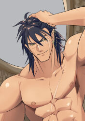  1boy abs bara bird_wings black_hair closed_mouth commentary_request cross_scar feathered_wings fire_emblem fire_emblem:_radiant_dawn looking_to_the_side male_focus muscular muscular_male naesala1063 nipples pectorals pointy_ears scar scar_across_eye scar_on_cheek scar_on_chest scar_on_face scar_on_nose scar_on_stomach smile tibarn_(fire_emblem) topless_male wings 