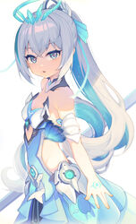  absurdres armor armored_dress bikini_armor blue_hair bronya_zaychik bronya_zaychik_(herrscher_of_truth) clothing_cutout commentary_request drill_hair female grey_eyes grey_hair halo hand_tattoo high_ponytail highres hongshi_(13234456009) honkai_(series) honkai_impact_3rd multicolored_hair pink_pupils solo stomach_cutout tattoo two-tone_hair white_background 