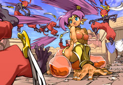  2020 bandana barefoot black_body blue_eyes breasts clothing cloud day detailed_background ear_piercing ear_ring feet female fingers genie group hair humanoid humanoid_pointy_ears kerchief long_hair male melee_weapon not_furry open_mouth open_smile piercing purple_hair ring_piercing shantae shantae_(series) smile soles sword tan_body tan_skin tinkerbat toes translucent translucent_clothing wayforward weapon yellow_eyes ysk! 