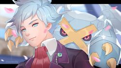  1boy artist_name black_jacket blue_eyes blurry closed_mouth collared_shirt commentary derivative_work english_commentary glint grey_hair jacket letterboxed male_focus metagross mootecky necktie outside_border petals pokemon pokemon_(creature) pokemon_masters_ex pokemon_oras red_necktie screenshot_redraw shirt short_hair smile steven_stone watermark white_shirt 