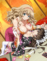  2girls asymmetrical_docking black_kimono blue_eyes bow breast_press breasts brown_eyes brown_hair cleavage closed_mouth collarbone floral_print hair_between_eyes hair_ribbon hairbow ikkitousen japanese_clothes kimono large_breasts light_brown_hair long_hair multiple_girls off_shoulder open_mouth print_kimono ribbon ribbon-trimmed_thighhighs ribbon_trim short_kimono small_breasts sonken_chuubou ten&#039;i_(ikkitousen) thighhighs very_long_hair wavy_mouth white_bow white_ribbon white_thighhighs wide_sleeves zettai_ryouiki 