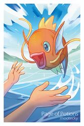  1other artist_name border cloud commentary day english_commentary fish magikarp mootecky open_mouth outdoors outstretched_hand pokemon pokemon_(creature) sky sparkle tongue water water_drop white_border 