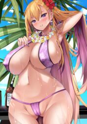  arm_up armpits bangs bare_arms bare_legs bare_shoulders beach bikini blonde_hair blue_sky boryeon_(last_origin) breasts cleavage cloud colored_inner_hair covered_nipples dangle_earrings day ear_piercing earrings female flower hair_flower hair_ornament hand_in_own_hair hand_on_own_chest highres huge_breasts jewelry last_origin lips long_hair looking_at_viewer lotion multicolored_hair multicolored_nails navel ocean oerba_yun_fang open_mouth outdoors partially_visible_vulva piercing purple_bikini purple_eyes sideboob skin_tight sky sling_bikini_top smile solo standing string_bikini sukesan sunscreen swimsuit thigh_gap thighs water wet wet_clothes wet_swimsuit wreath 