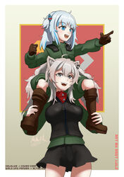  2girls ahoge animal_ears artist_name black_gloves black_skirt black_vest blue_eyes blue_hair carrying commentary copyright_name cosplay ear_piercing emblem english_commentary english_text gawr_gura girls_und_panzer gloves green_jacket green_jumpsuit grey_eyes grey_hair hair_ornament highres hololive hololive_english jacket jumpsuit katyusha_(girls_und_panzer) katyusha_(girls_und_panzer)_(cosplay) lion_ears lion_girl long_hair long_sleeves looking_to_the_side medium_hair military military_uniform miniskirt multicolored_hair multiple_girls nonna_(girls_und_panzer) nonna_(girls_und_panzer)_(cosplay) open_mouth piercing pleated_skirt pointing pravda_(emblem) pravda_military_uniform red_shirt sharp_teeth shirt shishiro_botan short_jumpsuit shoulder_carry signature skirt smile ssgt-lulz standing streaked_hair teeth turtleneck uniform vest virtual_youtuber zipper 