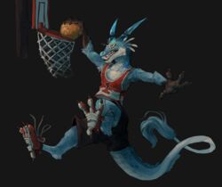  2021 2_horns anthro babanasaur ball bared_teeth basketball_(ball) basketball_hoop basketball_net basketball_uniform black_bottomwear black_clothing black_shorts blue_body blue_fur bottomwear clothing digital_media_(artwork) dragon floating_horn footwear fur fur_markings furgonomics furred_dragon furred_scalie grey_background hi_res holding_basketball holding_object horn jumping male markings multicolored_clothing multicolored_shirt multicolored_topwear mythological_creature mythological_scalie mythology number number_on_jersey orange_eyes scalie shirt shoes shorts simple_background sneakers solo sportswear tail tail_tuft tank_top topwear translucent translucent_horn tuft uniform white_body white_fur yellow_sclera 