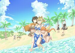  6+girls ^_^ alternate_costume animal_ears australia australian_devil_(kemono_friends) ball bare_arms bare_legs bare_shoulders barefoot beach beachball bikini bikini_skirt black_hair blonde_hair blue_sky bouncing_breasts breasts brown_eyes brown_hair c: chinchilla_(kemono_friends) cleavage closed_eyes closed_mouth cloud commentary_request day dingo_(kemono_friends) dog_ears dog_girl dress dutch_angle emu_(kemono_friends) extra_ears eyepatch feet floral_print frilled_lizard_(kemono_friends) full_body hair_between_eyes halterneck hand_on_another&#039;s_waist hane_(kirschbaum) high_ponytail highres jumping kangaroo_girl kemono_friends long_hair looking_afar looking_at_another looking_up lying medical_eyepatch medium_breasts medium_hair multicolored_hair multiple_girls navel on_back one_eye_closed one_eye_covered outdoors outstretched_arm palm_tree poncho print_bikini print_skirt red_kangaroo_(kemono_friends) sand short_hair sitting skirt sky smile soles standing stomach swimsuit tail tasmanian_devil_(kemono_friends) tasmanian_devil_ears tasmanian_devil_tail thylacine_(kemono_friends) toes tree two-tone_hair unaligned_breasts wading walking wariza water white_hair yellow_eyes 