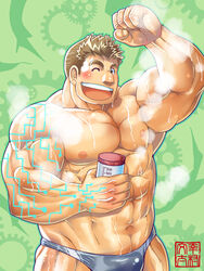  1boy :d abs bara biceps blue_male_swimwear blush bulge bunta_ru cowboy_shot dated flexing highres kajiya_kurogane large_pectorals light_brown_hair male_focus male_swimwear mature_male muscular muscular_male navel nipples open_mouth pectorals pose short_hair sideburns smile solo stomach thick_eyebrows thick_thighs thighs tokyo_afterschool_summoners topless_male wet 