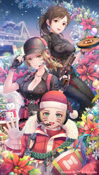  3girls :d baseball_cap black_gloves black_headwear black_pants black_shirt blonde_hair breasts brown_eyes brown_hair building call_of_duty call_of_duty:_mobile christmas christmas_ornaments christmas_tree cleavage facepaint fingerless_gloves food fur_collar gift gloves green_eyes gun handgun hat headphones highres holding holding_food holding_gift holding_gun holding_weapon jacket jewelry lf_(paro) long_sleeves looking_at_viewer military_operator mizushima_naomi multiple_girls necklace night night_sky open_mouth outdoors pants pie ponytail red_headwear red_jacket santa_costume santa_hat scylla_(call_of_duty:_mobile) shirt short_hair short_sleeves sky smile snow snowing urban_tracker_(call_of_duty:_mobile) waving weapon white_gloves 