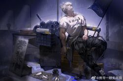  1boy alternate_muscle_size alternate_pectoral_size animal_ears arknights arms_at_sides bara bear_ears blurry blurry_background boots bruise cart chinese_commentary chinese_text clothes_writing collarbone commentary_request crossed_legs cuts fish flag folding_table hand_on_own_thigh highres holding holding_knife injury jaye_(arknights) jaye_(elite_ii)_(arknights) knee_pads knife lamppost large_pectorals looking_up male_focus messy_hair muscular muscular_male notice_lines octopus pants parted_lips pectorals rain ringlets shirt short_hair short_sleeves sitting solo strap t-shirt table translation_request water_drop weibo_logo weibo_watermark wet wet_clothes wet_shirt white_hair white_shirt xiedaifenshi_(7329016845) 