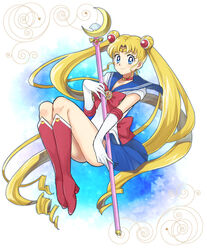  bishoujo_senshi_sailor_moon bishoujo_senshi_sailor_moon_(first_season) bishoujo_senshi_sailor_moon_r blonde_hair blue_eyes blue_sailor_collar blue_skirt boots bow bowtie choker circlet closed_mouth collarbone crescent_choker crystal_star_(sailor_moon) double_bun female floating_hair full_body hair_bun hair_ornament holding holding_staff knee_boots long_hair looking_at_viewer maboroshi_no_ginzuishou magical_girl mechakucha miniskirt moon_stick_(sailor_moon) pleated_skirt red_bow red_bowtie red_choker red_footwear sailor_collar sailor_moon sailor_senshi_uniform sailor_shirt shirt skirt smile solo staff tsukino_usagi very_long_hair white_background white_shirt 