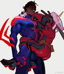  2boys arm_blade ass backpack bag belt belt_pouch black_footwear black_gloves blue_bodysuit bodysuit boots brown_hair bulge chinese_commentary claws commentary_request dark-skinned_male dark_skin deadpool deadpool_(series) face_to_pecs fangs gloves glowing glowing_eyes hair_slicked_back highres hug large_pectorals leg_lock male_focus marvel miguel_o&#039;hara multiple_boys muscular muscular_male pectoral_pillow pectorals pink_bag pouch realsilentsheep red_eyes shaded_face simple_background solid_eyes spider-man:_across_the_spider-verse spider-man_(2099) spider-man_(series) spider-verse standing_leg_lock sword sword_on_back thigh_strap unicorn weapon weapon_on_back weibo_logo weibo_watermark white_background 