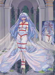  absurdres ahoge arms_behind_back artistic_error azur_lane ball_gag barefoot blue_hair bondage bondage bondage bound bound_arms bound_legs bound_toes commentary_request dress earrings feet female flower full_body gag gagged helena_(azur_lane) helena_(miracle_in_white)_(azur_lane) highres jewelry lily_pad long_hair nero_augustus pillar purple_eyes rope shibari_over_clothes solo standing veil wading water_lily_flower wedding_dress white_dress wiffle_gag 