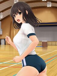  ass auditorium black_buruma black_hair brown_eyes buruma commentary_request cowboy_shot female gym_shirt gym_uniform indoors looking_at_viewer medium_hair nonaka_ritsu open_mouth original shirt solo t-shirt touka_(nonaka_ritsu) vaulting_horse white_shirt 