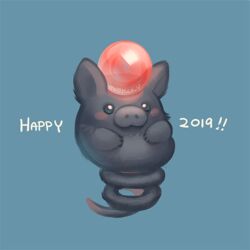  2019 blush chinese_zodiac commentary english_commentary fluffy full_body grey_fur happy_new_year mootecky new_year no_humans pokemon pokemon_(creature) solo spoink year_of_the_pig 