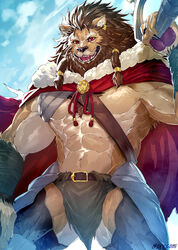  2021 abs anthro biceps bottomwear clothing ear_piercing felid fur gordish_(inubikko) hair hi_res holding_object lion male mammal melee_weapon muscular muscular_anthro muscular_male pantherine pecs piercing red_eyes sky_gomi solo weapon 