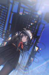  ankodesoy black_hair black_pantyhose black_sailor_collar black_shirt black_skirt blurry braid chain-link_fence chromatic_aberration commentary cowboy_shot day english_commentary female fence from_below hair_ornament hairclip highres lens_flare long_hair low_twin_braids midriff_peek neckerchief nijisanji open_mouth outdoors pantyhose pleated_skirt purple_eyes red_neckerchief sailor_collar school_uniform serafuku shirt skirt solo teeth triangular_headpiece tsukino_mito tsukino_mito_(5th_costume) twin_braids upper_teeth_only virtual_youtuber 