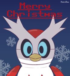  ambiguous_gender avian beak bird blue_eyes christmas creepy digital_eyes digital_media_(artwork) english_text feral future_pokemon generation_9_pokemon hi_res holidays iron_bundle looking_at_viewer machine merry_christmas moonabloom nintendo paradox_pokemon pokemon pokemon_(species) red_body robot simple_background snowflake solo text white_body 