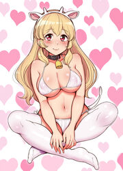  aikatsu! aikatsu!_(series) animal_ears bell bikini black_choker blonde_hair blush breasts chinese_zodiac choker cleavage collarbone commentary_request covered_nipples cow_ears cow_horns cow_tail cowbell fake_animal_ears fake_horns fake_tail female full_body hairband heart heart_background horns hoshimiya_ichigo indian_style large_breasts long_hair looking_at_viewer neck_bell pink_lips red_eyes shiny_skin side-tie_bikini_bottom sitting smile solo string_bikini swimsuit tail thighhighs tyranu underboob white_background white_bikini white_hairband white_thighhighs year_of_the_ox 