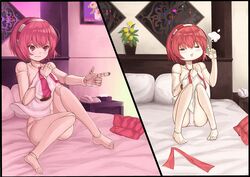  =_= android barefoot bed bed_sheet blush closed_eyes closed_mouth collarbone commentary dorothy_haze female finger_cannon furrowed_brow hairband holding holding_clothes holding_shirt joints multiple_views numazume on_bed open_mouth panties phone pillow plant pleated_skirt potted_plant puff_of_air red_eyes red_hair red_skirt robot_joints shirt short_hair sitting skirt tears tissue tissue_box topless underwear unworn_shirt unworn_skirt va-11_hall-a wavy_mouth 