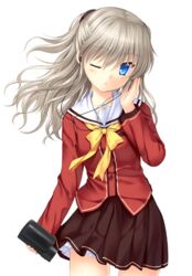  blue_eyes blush bow bowtie brown_skirt camera charlotte_(anime) closed_mouth collared_shirt cowboy_shot dress_shirt earphones female floating_hair grey_hair hair_ornament highres holding holding_camera hoshinoumi_academy_school_uniform long_hair long_sleeves miniskirt na-ga one_eye_closed pleated_skirt red_shirt sailor_collar sailor_shirt school_uniform shirt simple_background skirt solo standing tomori_nao white_background white_sailor_collar yellow_bow yellow_bowtie 