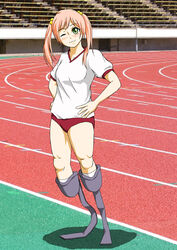  :3 absurdres amputee bleachers blush breasts buruma commentary_request female green_eyes gym_shirt gym_uniform hair_bobbles hair_ornament hands_on_own_hips head_tilt highres ibarazaki_emi katawa_shoujo ken_katabami long_hair looking_at_another looking_at_viewer one_eye_closed photo_background pink_hair red_buruma running_blades running_track shirt small_breasts smile solo stadium thighs twintails 