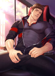  1boy absurdres arkapami bara black_jacket black_pants black_shirt brown_eyes brown_hair chair han_wenqing highres indoors jacket large_pectorals looking_at_viewer male_focus muscular muscular_male on_chair pants partially_unzipped pectorals quanzhi_gaoshou shirt short_hair sideburns sitting smile solo sunset window 