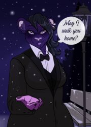  anthro asking asking_viewer bench big_breasts black_hair black_tie_(suit) blush bow_(feature) bow_tie breasts clothing collared_shirt dark detailed_background dialogue ear_piercing english_text extended_arm facial_piercing felid female fur hair hi_res ice inner_ear_fluff inviting lion looking_at_viewer mammal natasha_riot night nose_piercing outside pantherine park_bench piercing purple_body purple_eyes purple_fur purple_sclera question rhari romantic slightly_chubby smile smiling_at_viewer snow snowing solo speech_bubble street_lamp suit talking_to_viewer text trans_(lore) trans_woman_(lore) tuft yes-no_question 