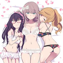  3girls ass azu_(azu401) bad_id bad_twitter_id black_hair bra breasts garter_belt glasses grey_hair highres lace lace-trimmed_bra lace-trimmed_legwear lace_trim large_breasts lingerie long_hair madara-san_(tejina_senpai) multiple_girls official_art one_eye_closed orange_hair panties ponytail saki-chan_(tejina_senpai) short_hair standing tejina_senpai tejina_senpai_(series) underwear underwear_only white_bra 