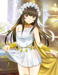  alternate_costume blunt_bangs bow breasts brown_eyes brown_hair closed_mouth collarbone cowboy_shot dress earrings female hair_ribbon hairbow ikkitousen indoors jewelry long_hair looking_at_viewer magatama magatama_earrings ribbon short_dress skirt_hold sleeveless sleeveless_dress small_breasts smile solo standing ten&#039;i_(ikkitousen) very_long_hair white_bow white_dress white_ribbon 