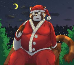  2022 ailurid anthro bari_mu belly big_belly christmas christmas_clothing christmas_headwear clothing detailed_background eyewear glasses hat headgear headwear hi_res holidays kemono male mammal moon night outside overweight overweight_male red_panda santa_claus santa_hat sitting solo 