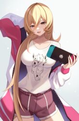  blonde_hair casual collarbone cowboy_shot female handheld_game_console highres holding holding_handheld_game_console jacket long_hair long_sleeves nijisanji nintendo_switch nui_sociere nui_sociere_(2nd_costume) official_alternate_costume open_clothes open_jacket puffy_sleeves shirt short_shorts shorts solo very_long_hair virtual_youtuber wabimochi white_shirt yellow_eyes 