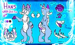  anthro antlers canid canine deer english_text fox horn hybrid male mammal model_sheet shoutmilo solo text water_deer 