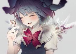  animal_on_hand bad_id bad_twitter_id blouse blue_bow blue_dress blue_hair blue_ribbon blush bow bowtie bug butterfly butterfly_on_hand chromatic_aberration cirno closed_eyes collarbone commentary dress dress_shirt female frilled_bow frilled_bowtie frilled_shirt_collar frills frozen glowing_butterfly grey_background hairbow hand_up happy highres ice ice_wings light_particles lips monarch_butterfly open_mouth puffy_short_sleeves puffy_sleeves red_bow red_bowtie red_ribbon ribbon shiori_(moechin) shirt short_hair short_sleeves sidelocks smile snowflakes touhou upper_body white_shirt wing_collar wings 