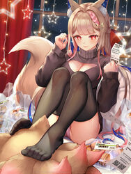  +_+ animal_ears black_thighhighs blonde_hair blue_nails breasts brown_sweater christmas cleavage closed_mouth curtains feet female food foot_on_head fox_ears fox_girl fox_tail healing_luka highres holding holding_paper indie_virtual_youtuber indoors lf_(paro) long_hair long_sleeves looking_at_viewer nail_polish nightgown no_shoes panties paper pink_panties red_eyes sitting smile solo sweater tail thighhighs toes underwear virtual_youtuber window 