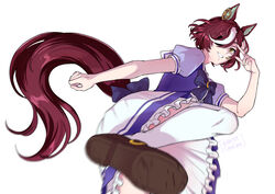  animal_ears bow bowtie brown_footwear brown_hair commentary_request eyepatch female grin hand_up hi_(ibisf5umauma) horse_ears horse_girl horse_tail incoming_kick motion_blur multicolored_hair puffy_short_sleeves puffy_sleeves purple_bow purple_bowtie purple_shirt sailor_collar school_uniform shirt shoes short_hair short_sleeves skirt smile solo standing standing_on_one_leg streaked_hair tail tanino_gimlet_(umamusume) teeth thighhighs tracen_school_uniform twitter_username umamusume w white_background white_skirt white_thighhighs yellow_eyes 