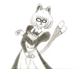  2_tails absurd_res anthro asian_mythology bakeneko bob_cut cat_nose cat_tail clothing domestic_cat east_asian_mythology efradraws eyewear felid feline felis female fur glasses graphite_(artwork) hi_res japanese_mythology kokono_geto maid_uniform mammal marker_(artwork) multi_tail multicolored_body multicolored_fur mythology pencil_(artwork) pose solo tail traditional_media_(artwork) two_tone_body two_tone_fur uniform yokai 