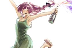  ^_^ armpits blush bocchi_the_rock! bottle braid braided_ponytail breasts closed_eyes commentary dress female geta green_dress highres hiroi_kikuri holding holding_bottle medium_breasts outstretched_arms red_hair see-through_silhouette sharp_teeth simple_background sleeveless sleeveless_dress smile solo teeth white_background zuzu_(wckd7545) 